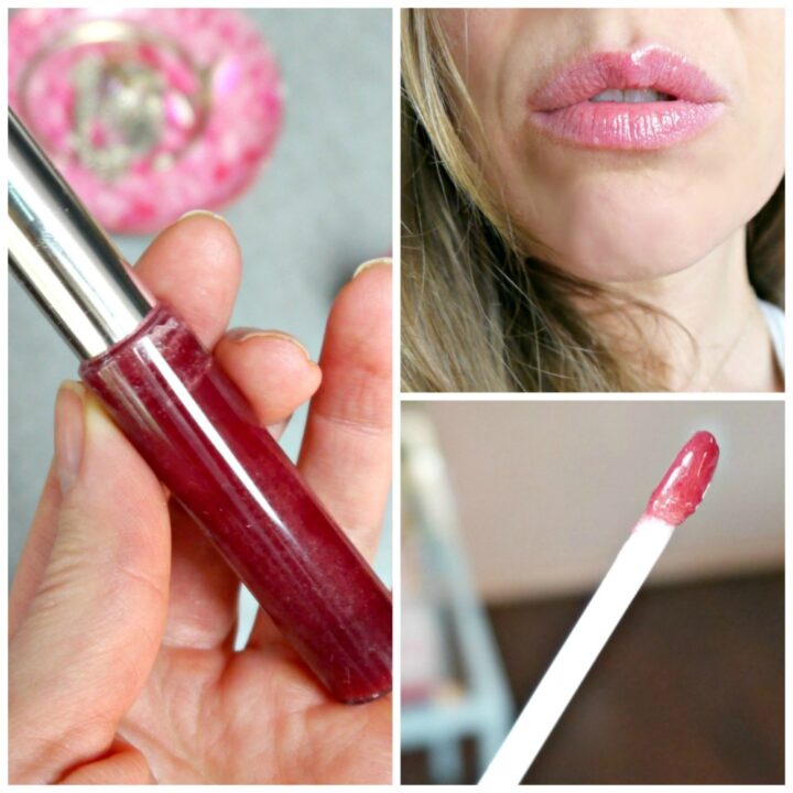 Lip gloss container and picture of wand and picture on lips