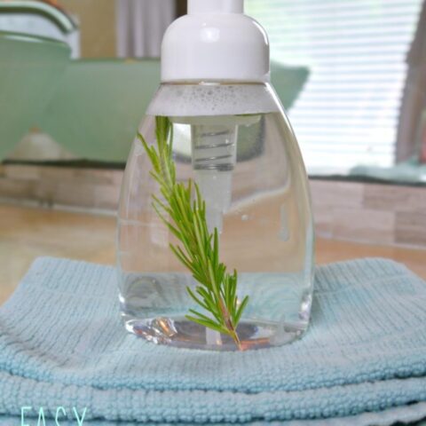 Foaming hand soap bottle with rosemary sprig on a blue towel.