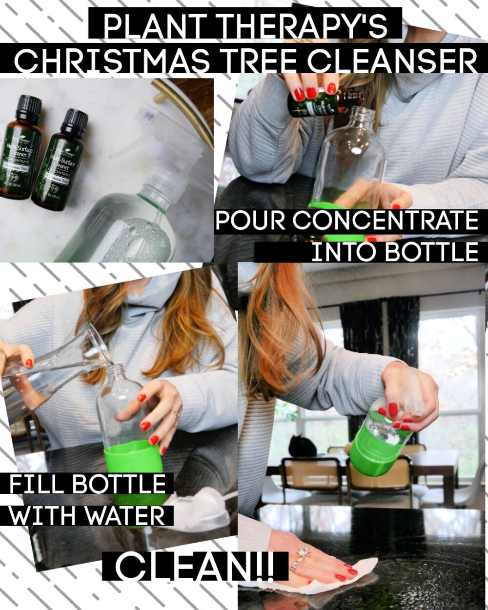 Collage of photos of the Christmas Tree Cleanser concentrate and spray bottle.