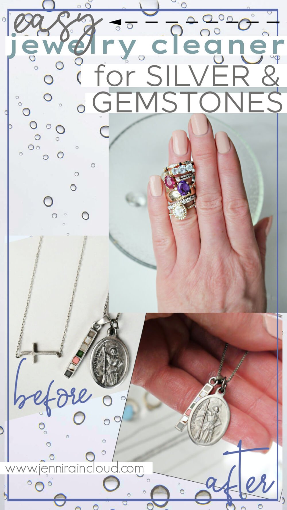 Pinterest images of before and after of silver jewelry and a hand with several gemstone rings