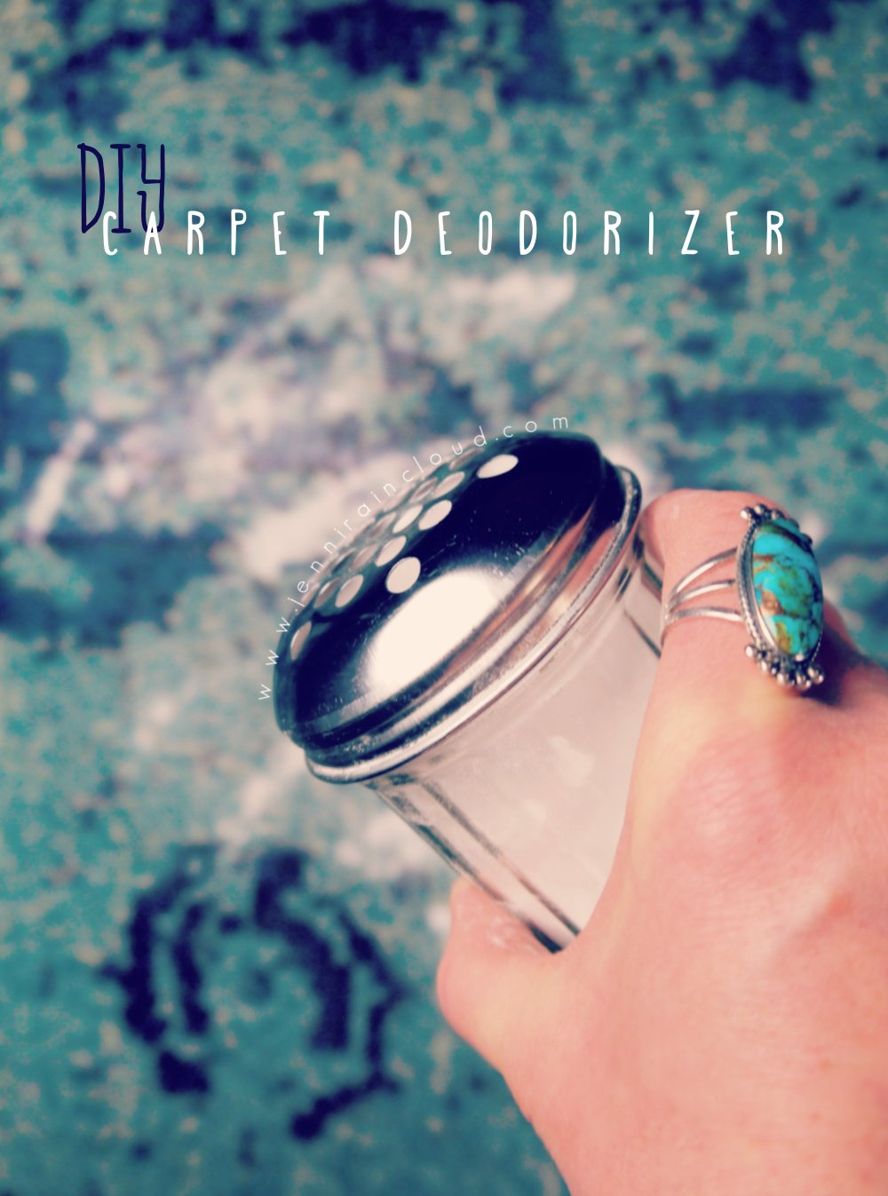 Shaker Jar with baking soda shaking over blue carpet.