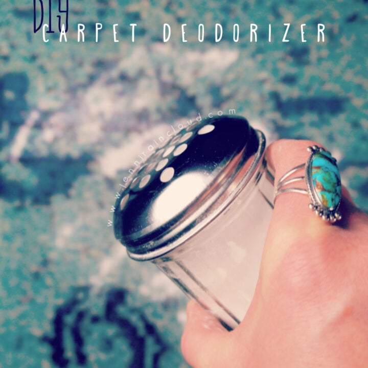 Shaker Jar with baking soda shaking over blue carpet.