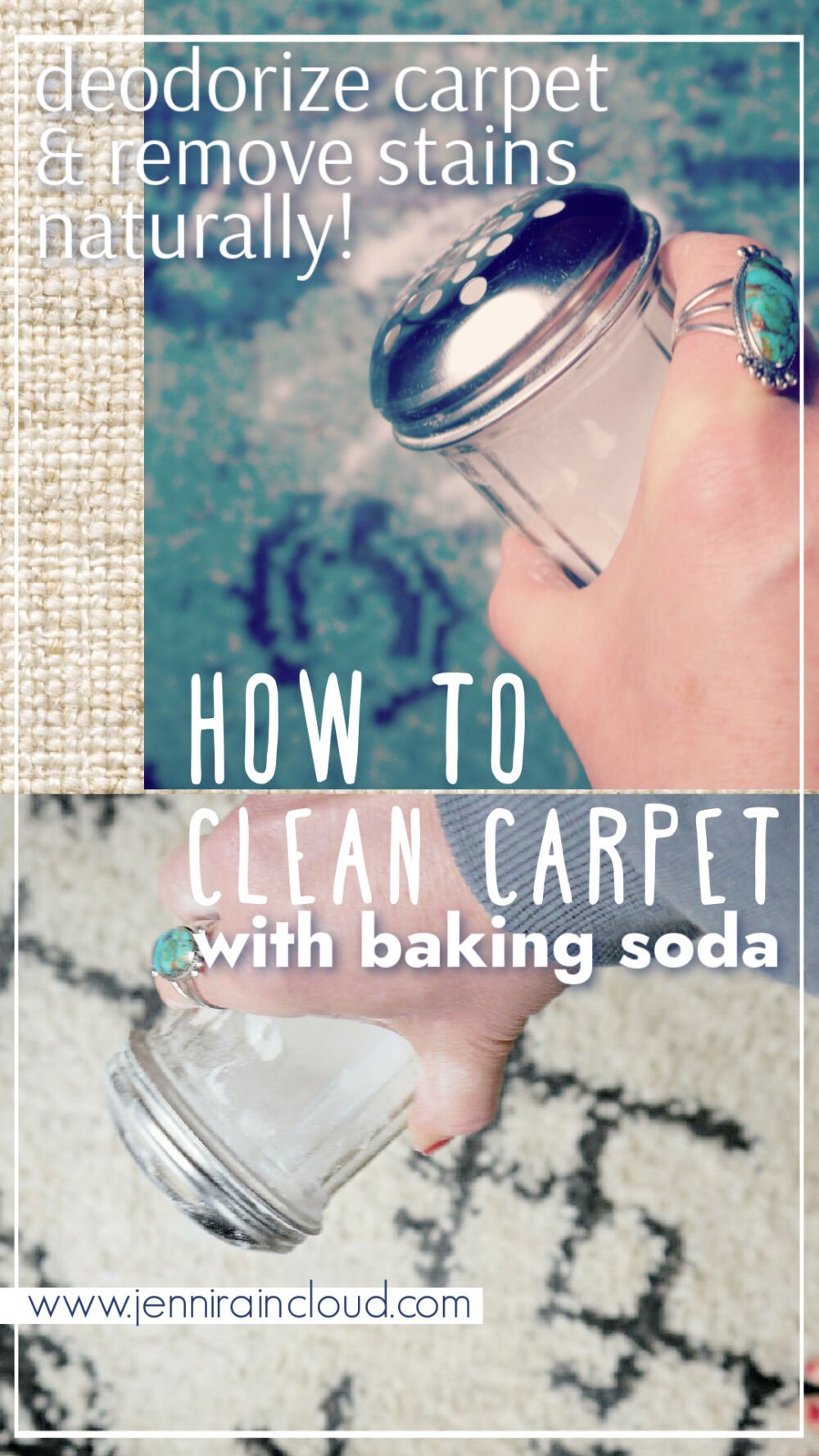 How to clean carpet with baking soda-glass shaker jar and baking soda on rugs.