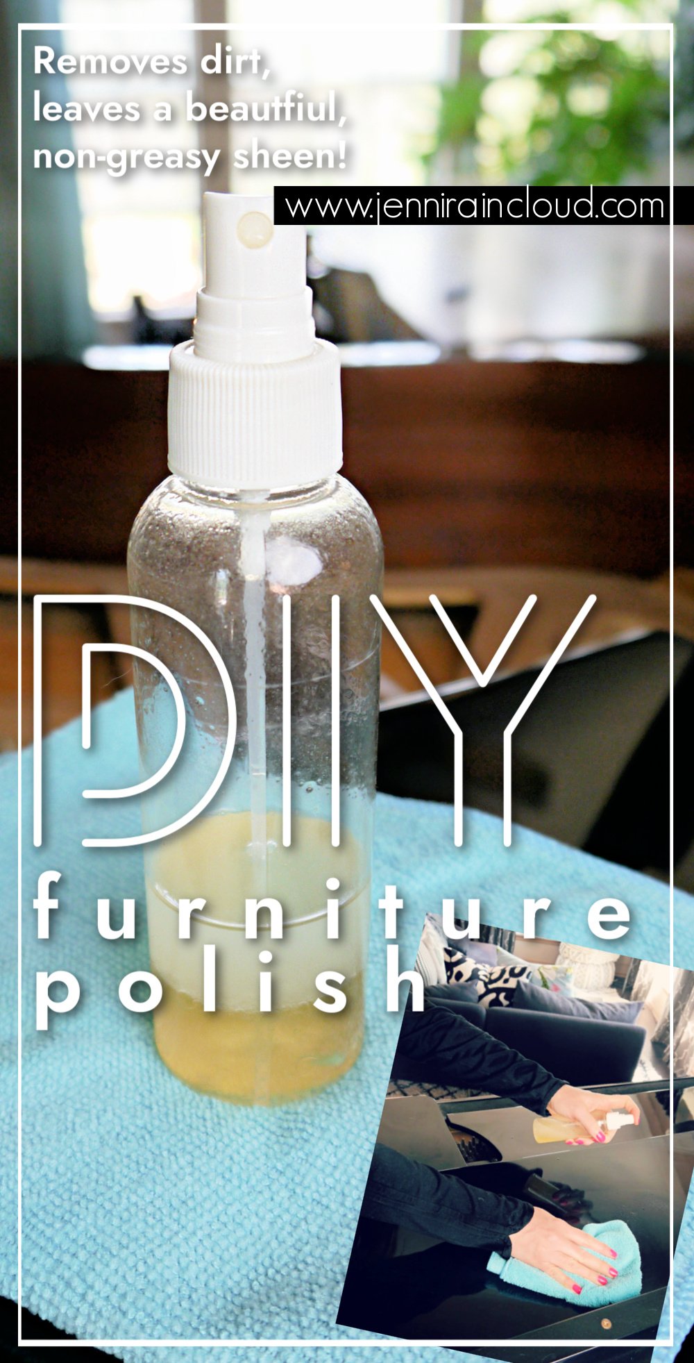 Clear spray bottle with homemade furniture polish on a teal microfiber cloth. 